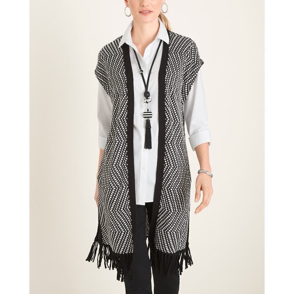 Chicos sz 0 Patterned Fringe Detail Sweater Vest white black sz 8